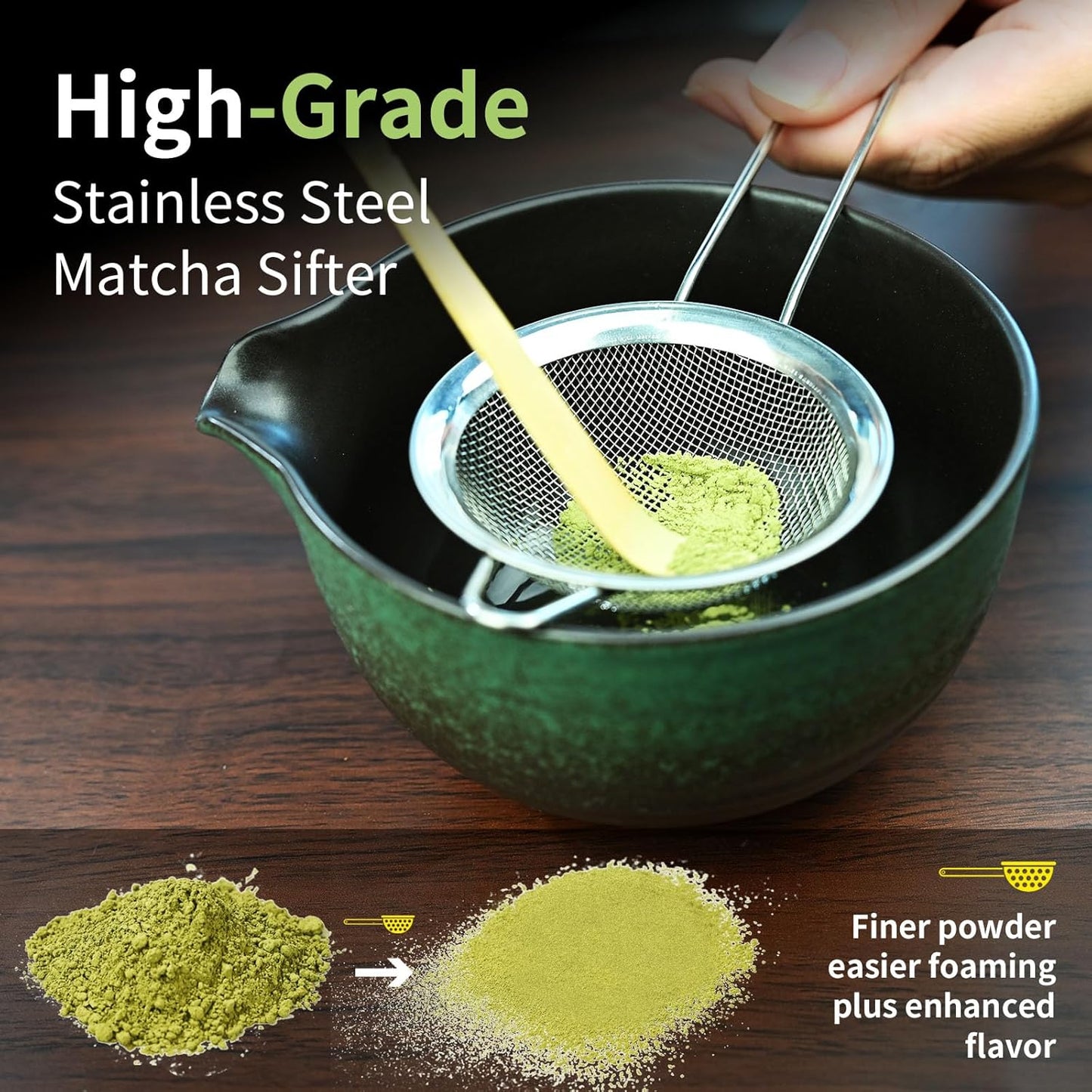 Matcha Whisk Set,Matcha Set Includes Ceramic Bowl with Spout,Stainless Sifter,Scoop,Whisk and Holder,Complete 5 Pcs Japanese Matcha Kit Making Tools,Green