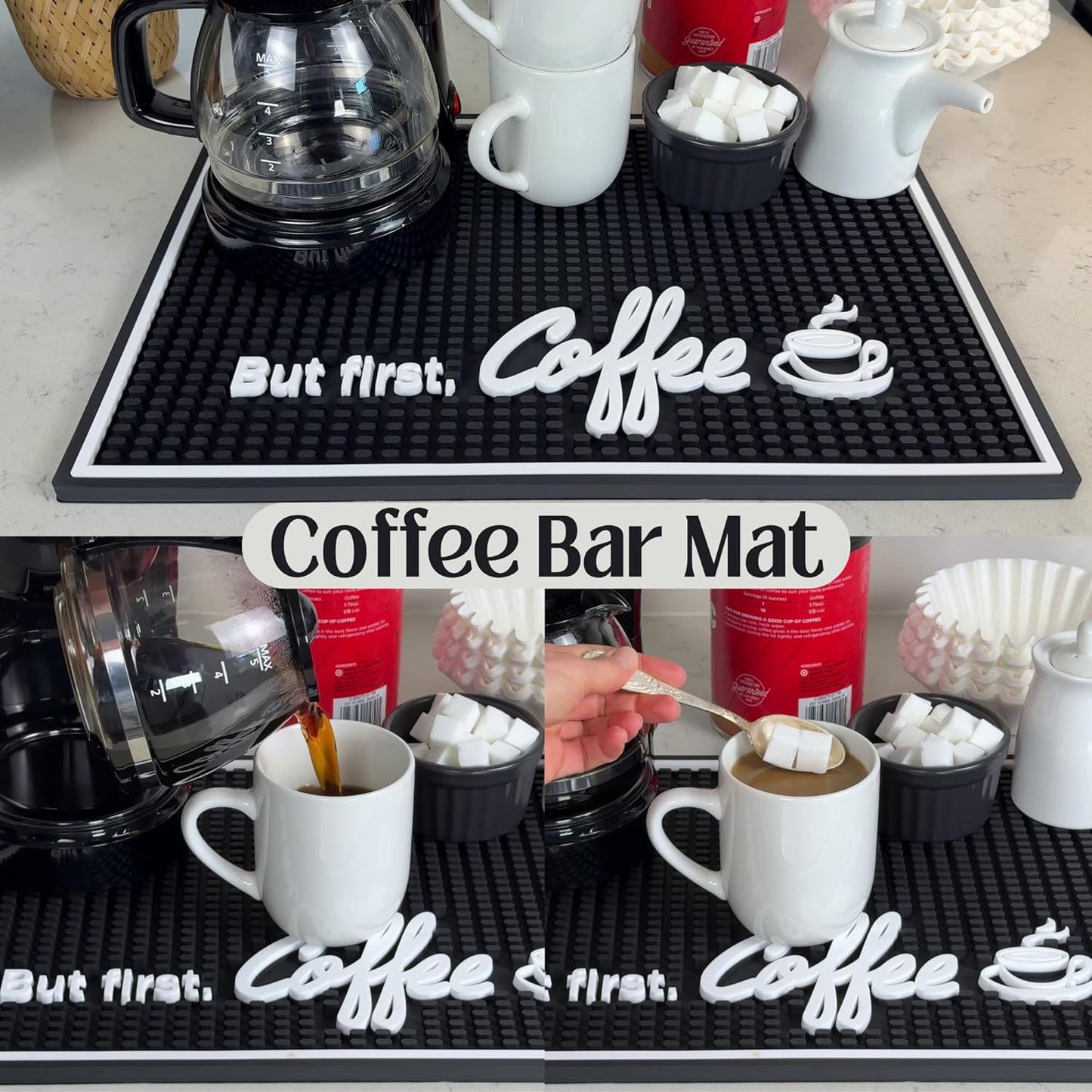 But First Coffee Mat for Countertop, Rubber Bar Mat and Coffee Bar Sign 18 x 12 in, Kitchen Accessories for Countertop, Bar Mats for Bartending