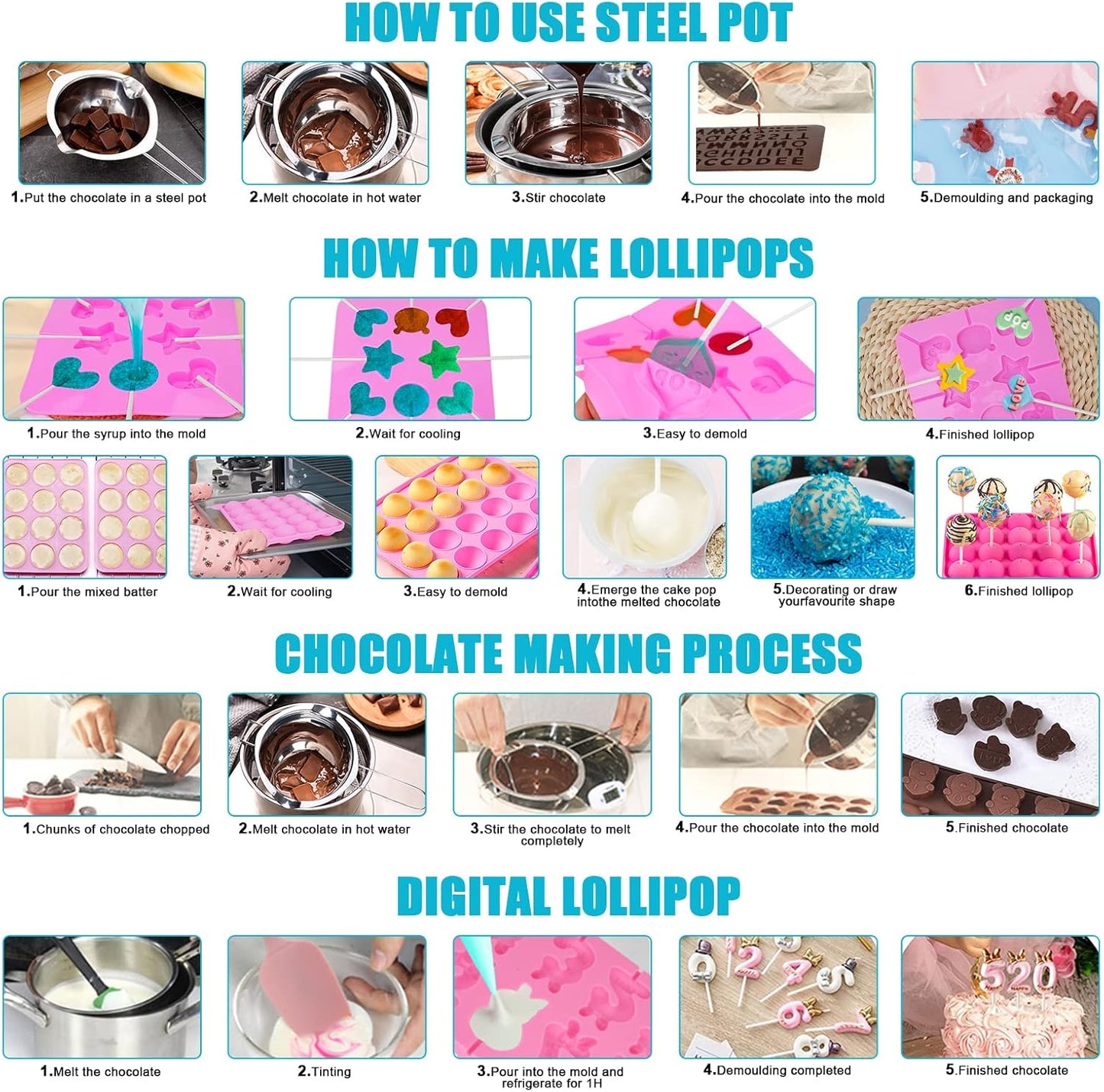 Cake Pop Maker Kit 618Pcs with 5 Silicone Mold Sets - 3 Tier Display Stand, Chocolate Candy Melting Pot,Piping Tips and Coupler, Measuring Cup, Muffin Cupcakes, Decorating Pen, Lollipop Sticks