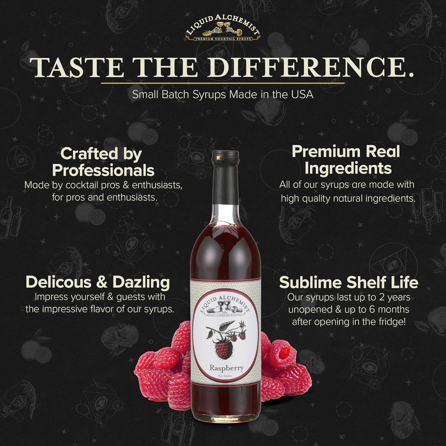 Liquid Alchemist Raspberry Syrup for Drinks - Real Ingredients Make the Perfect Summer Cocktail or Margarita Mix - Our Raspberry Cocktail Syrup is Non-GMO & Vegan (12 oz)