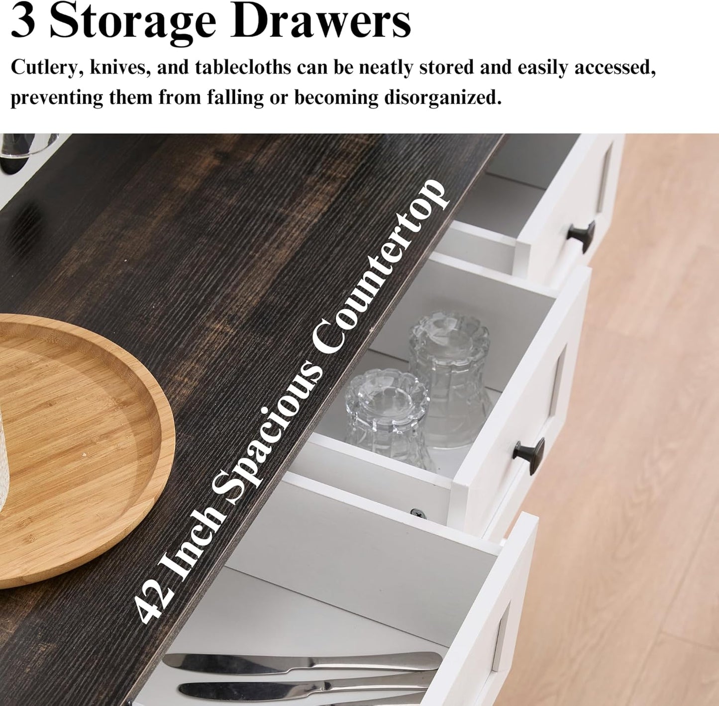 Coffee Bar Cabinet with Sliding Barn Doors 71'' Farmhouse White Pantry Cabinet with Drawers & Wine Glass Rack Rustic Buffet Cabinet for Kitchen, Black