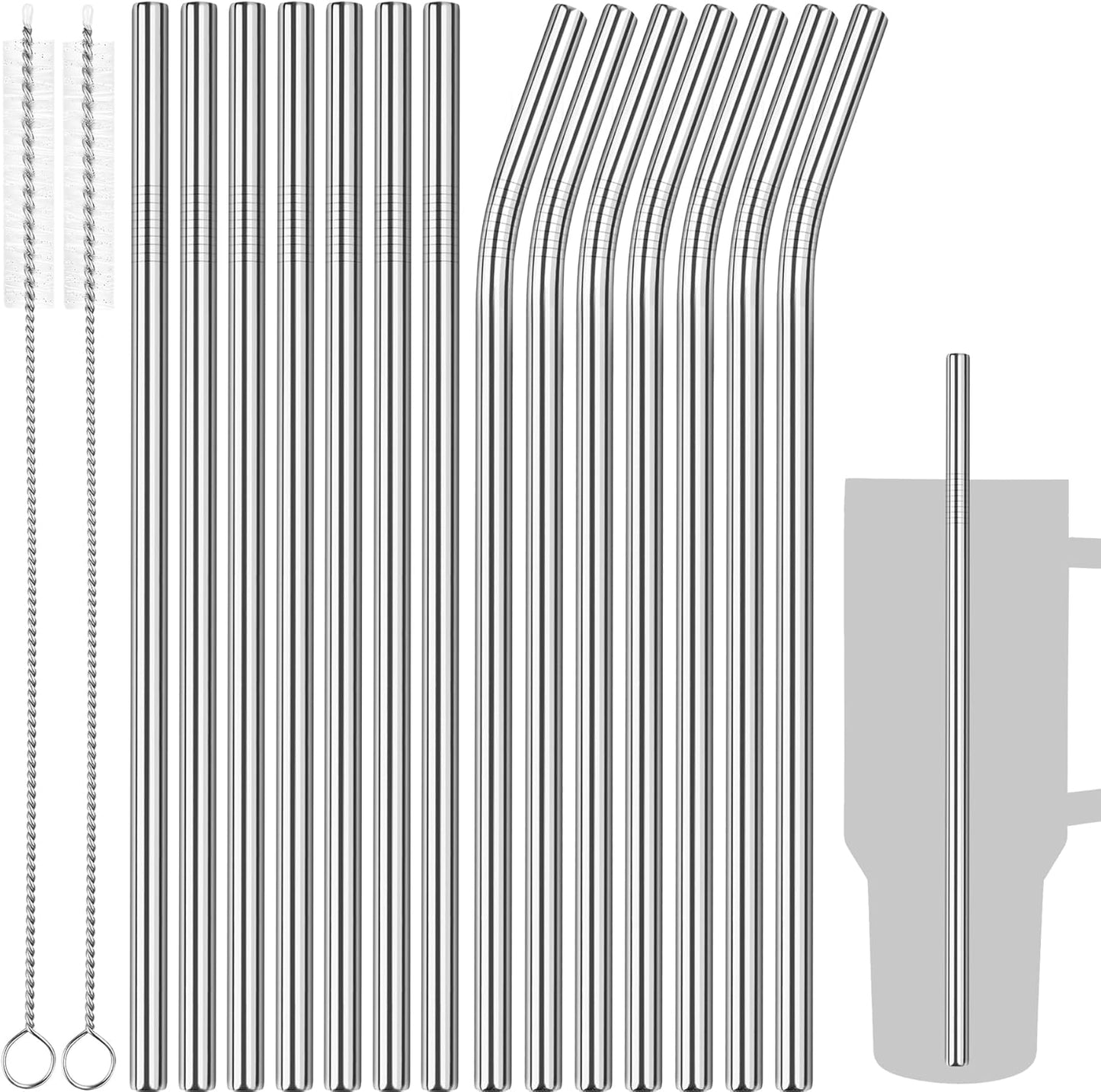 Tomorotec 30oz Straws, 11" Stainless Steel Straw 14PCS for 30oz Stanley Tumbler, 0.35"/9mm Diameter Sleek Metallic Finish- 7 Straight, 7 Bent Straws & 2 Brushes, Dishwasher Safe, 304 Food-Grade