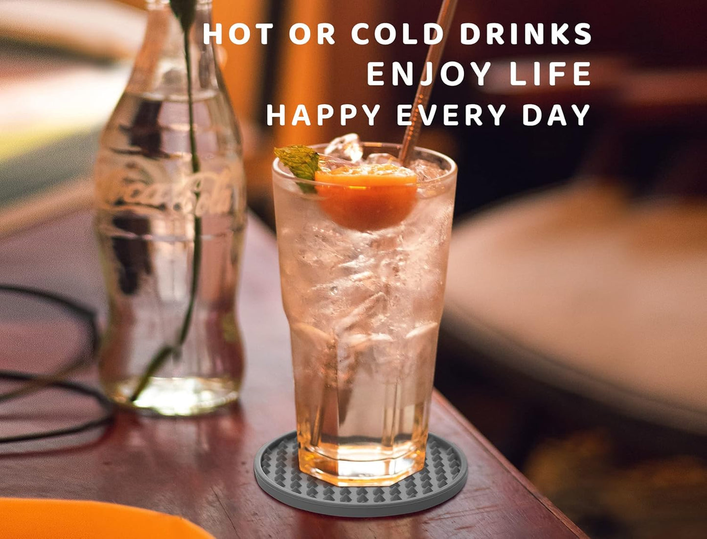 Coasters for Drinks 6 Pcs Drink Coaster with Holder,Heat Resistant Silicone Cup Mat Tabletop Protection,Non-Slip Rubber Coasters for Kinds of Cups (Grey)