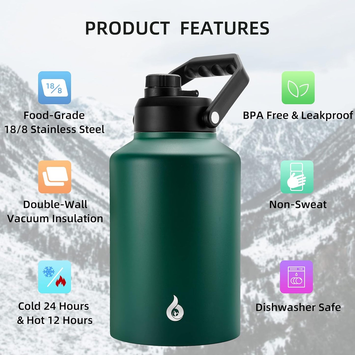 BJPKPK One Gallon(128 oz) Insulated Water Bottle, Dishwasher Safe Stainless Steel Thermos, BPA Free Jug with Ergonomic Handle & Anti-slip Bottom, Large Water Bottle, Army Green