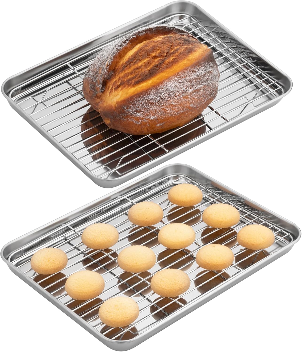 Navaris Quarter Sheet Baking Pan Breading Trays w Racks - Stainless Steel Baking Sheet with Wire Rack Insert for Oven Cooking - Cookie Bacon Tray - Set of 4 12.2X 9.4” (31x24cm)