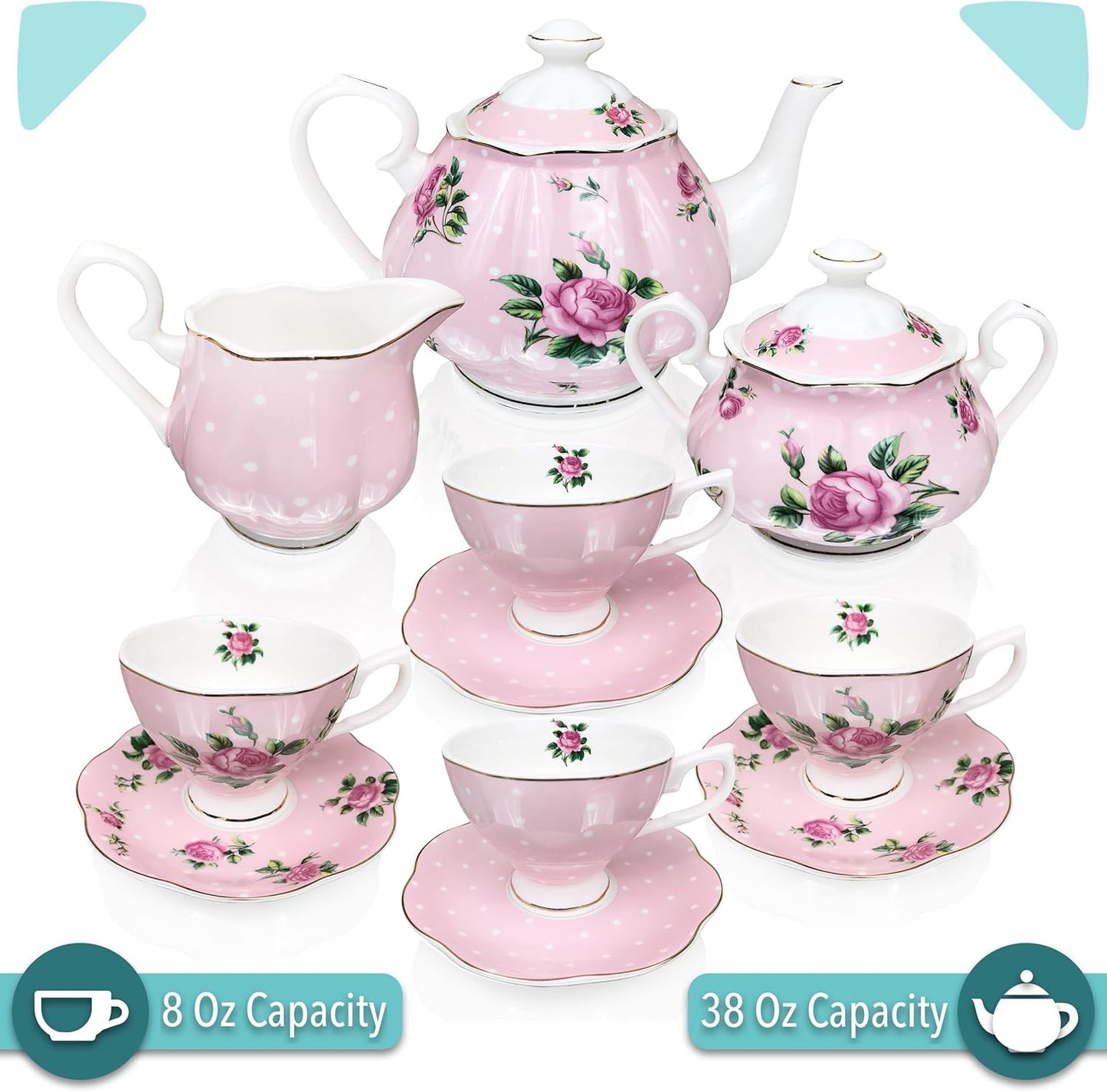 BTaT- Floral Tea Sets for Adults, 13 pcs, Service for 4, Pot (38 oz) & Cups (8 oz) with Saucers, Pastel Pink Floral Design with Gift Box, Porcelain Tea Set for Adult, Dishwasher Safe