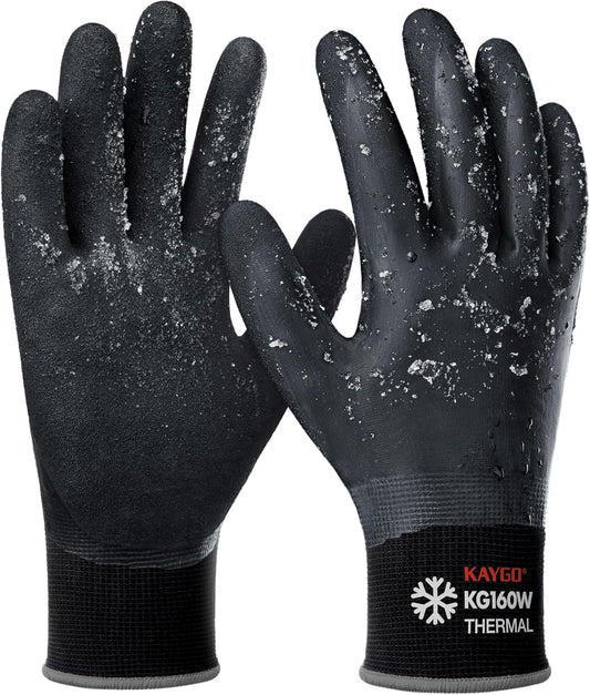 KAYGO Winter Waterproof Work Gloves for Men and Women, 3 Pairs Thermal Insulated Freezer Rubber Coated Gloves,Super Grip,KG160, L, Black