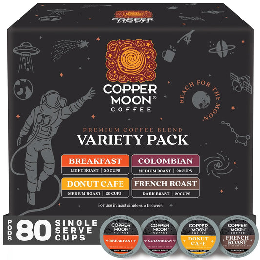 Copper Moon Single Serve Coffee Pods For Keurig K-Cup Brewers, Light Medium & Dark Roast, Variety Pack, 80 Count