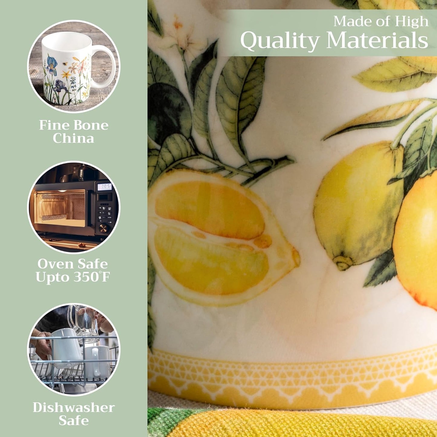 Maison d' Hermine Coffee Mug with Handles Fine Bone China Mugs Pack of One Tea Cups for Hot Beverages Cappuccino Latte Home Restaurant Office Perfect for Gift (Limoncello - Verna, 15 Ounce)