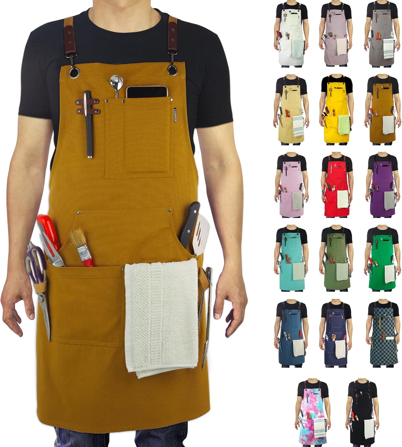 Kitchen Apron, Work Apron, Canvas, Multiple Pockets, Gardening, Painting, BBQ, Artist, Carpenter, Sizes M to XXL, Khaki