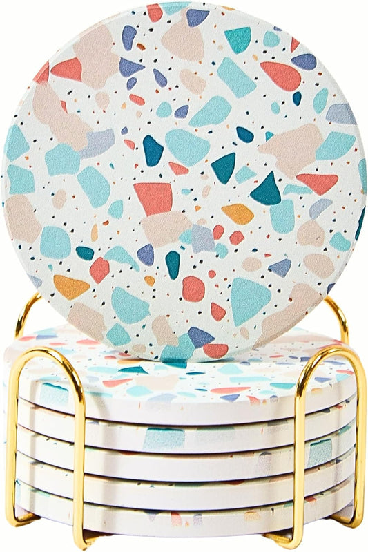 Terrazzo Drink Absorbent Coasters with Holder Set of 6, Ceramic Coaster for Drinks, Coffee Table Decor, Water Absorbing Stone Coaster for Drinks (Pastel)