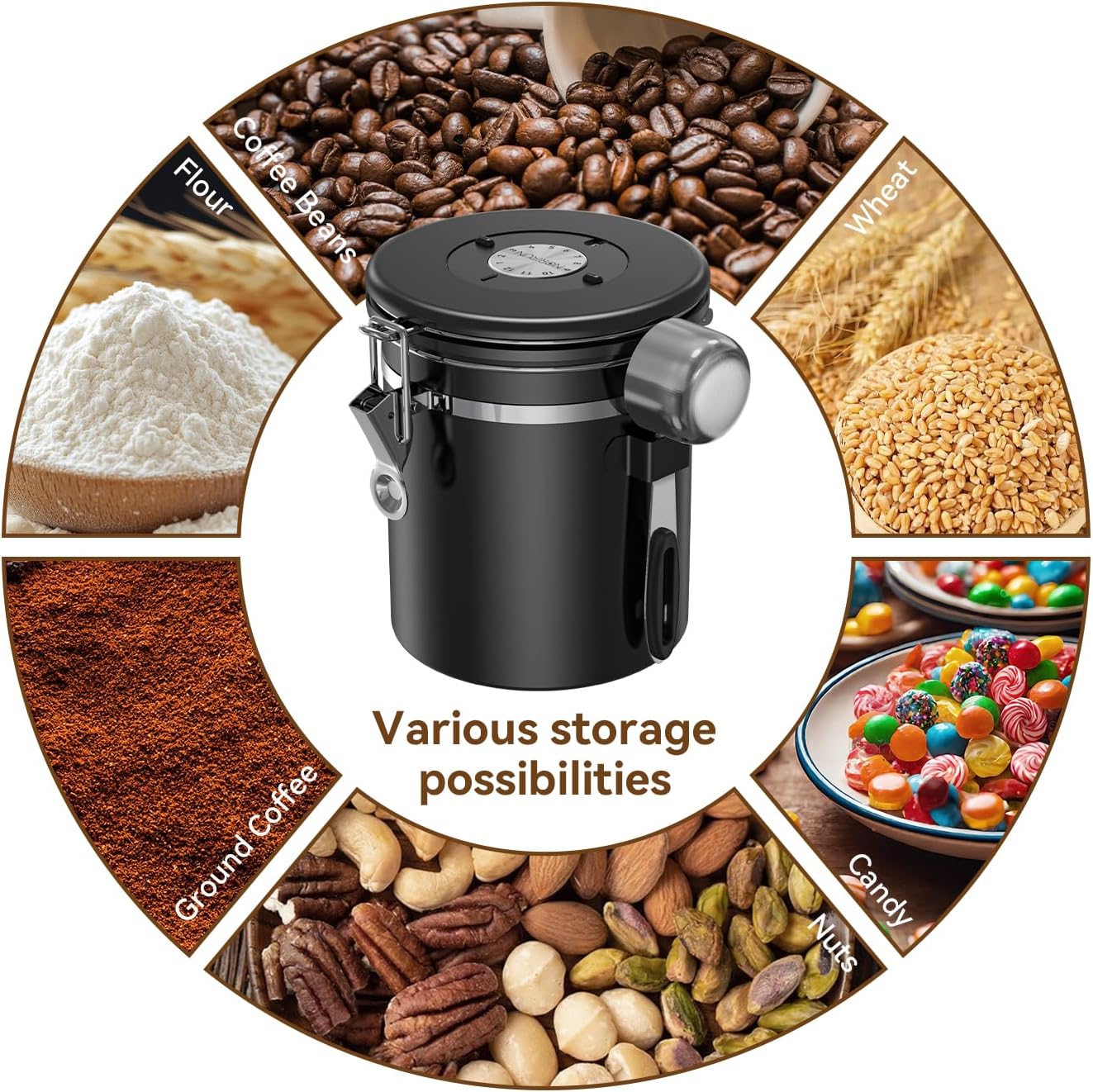 Coffee Canister With Window,16oz Stainless Steel Airtight Coffee Bean Storage Grounds Container with Date Tracker and Scoop,Grounds Kitchen Food Canister Jar for Beans,Tea,Sugar,Flour,Cereal