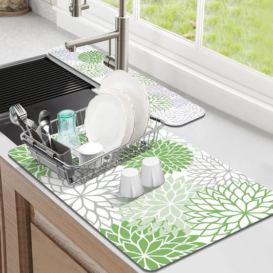 Findosom 2PCS 16" x 24" Dish Drying Mat & 24" x 5.5" Sink Splash Guard, Super Absorbent & Cuttable Dish Mat Drying Kitchen Mat with Green Floral, Hide Stain Drying Mat for Kitchen Counter
