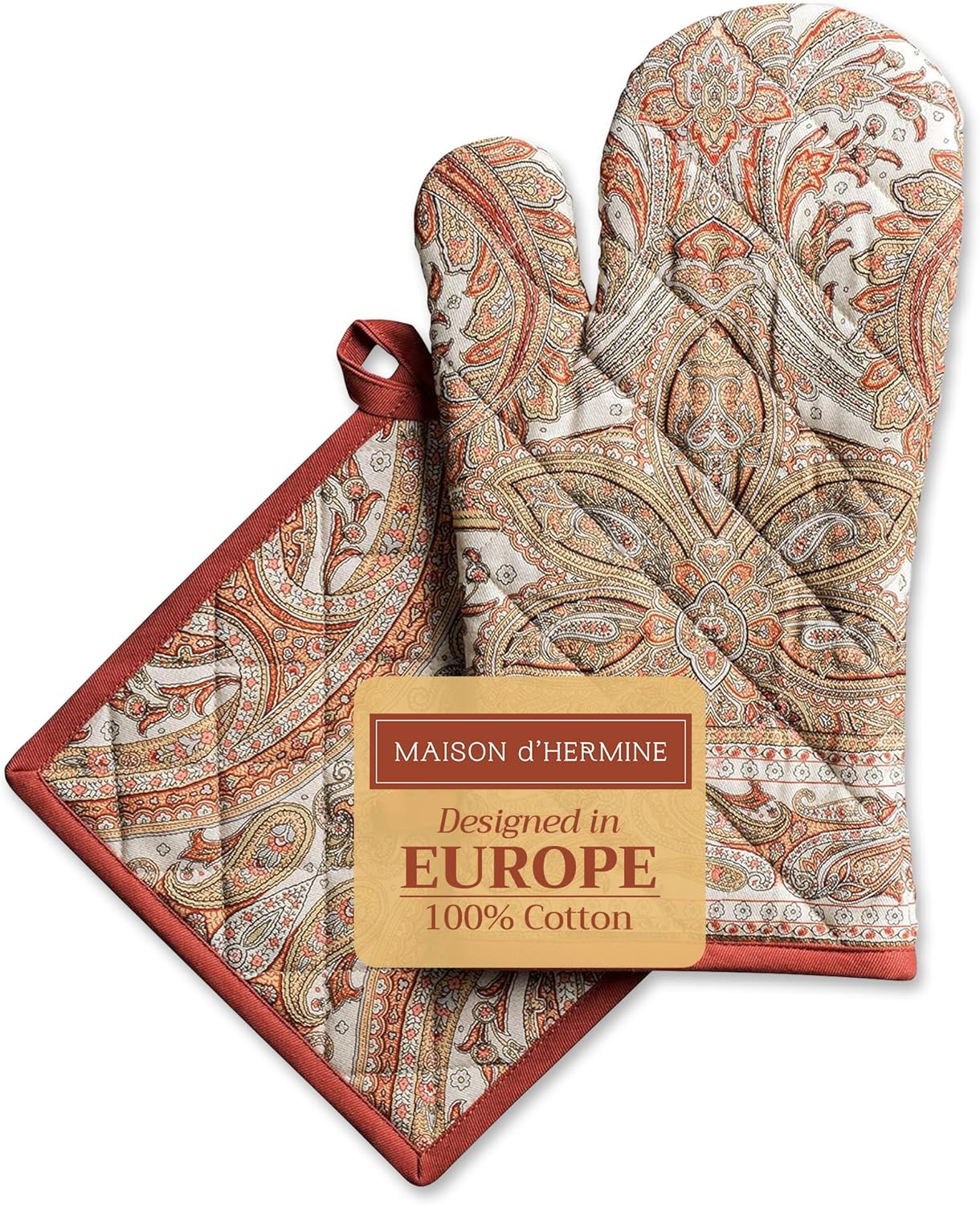 Maison d' Hermine 100% Cotton Oven Mitt & Pot Holder Set (7.5"x13" & 8"x8") Heat Resistant BBQ Cooking Gloves with Loop, Baking, Grilling, Kitchen, Handling Hot Pans (Kashmir Paisley)