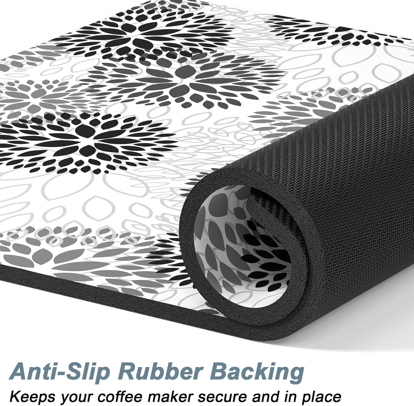 Rnivvi Coffee Mat, 12" x 19" Cute Coffee Bar Mats for Espresso Machine Station Accessories and Organizer, Hide Stain Rubber Backed Absorbent Dish Drying Pad for Kitchen Counter, Cartoon Flowers