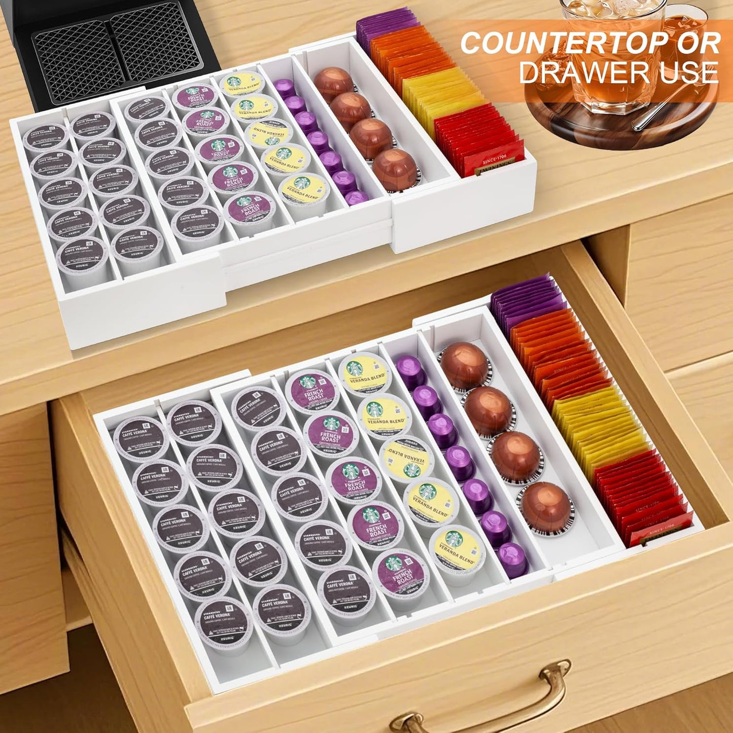 MinBoo Bamboo Drawer Organizer - Expandable K Cup & Pods Holder, Coffee Pod Storage, Tea Organizer, Versatile Kitchen Accessory Organization and Storage,White