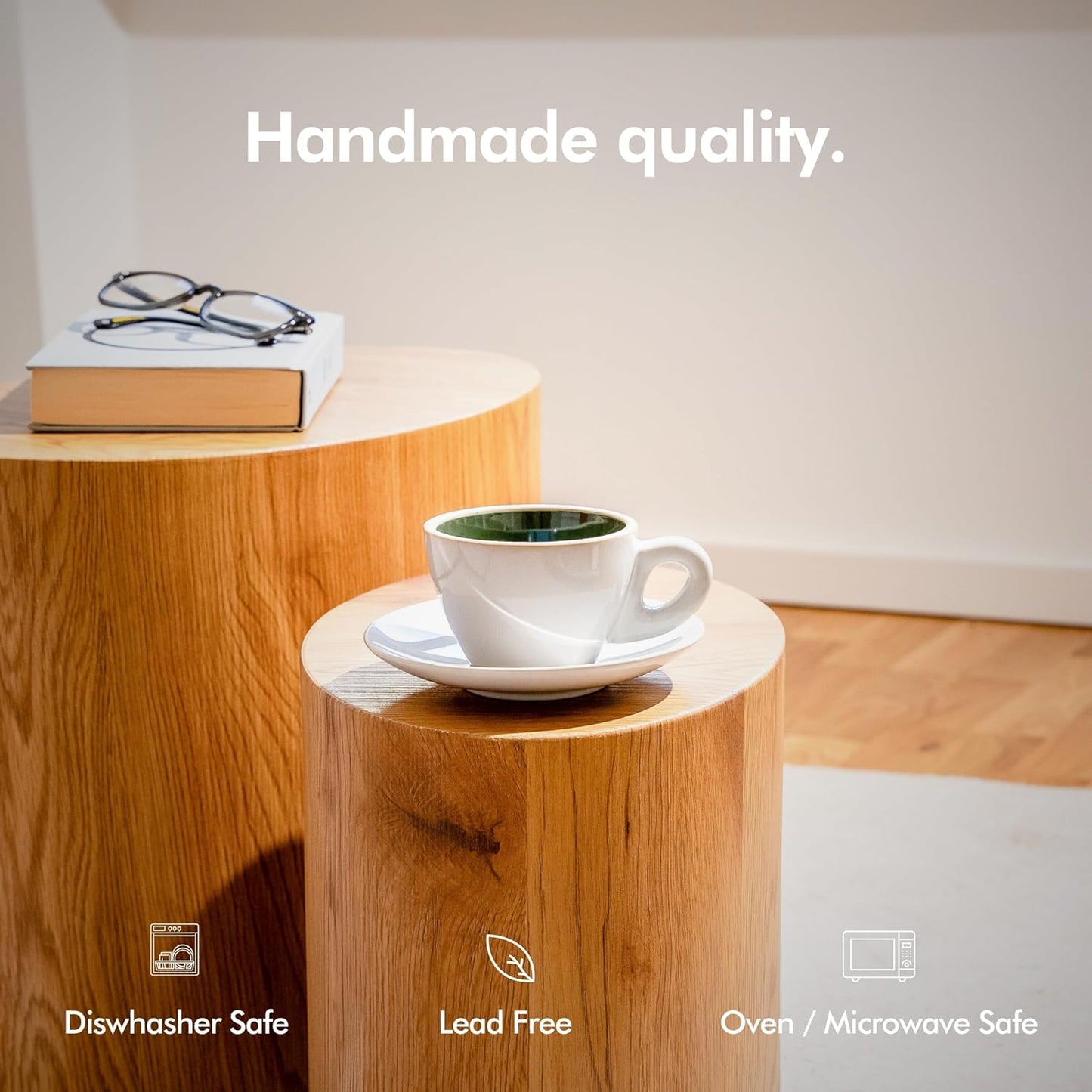 KIVY Cappuccino cups [4x 8oz] - Thick-walled stoneware cappuccino cup set for latte art - Latte mugs - Latte cup set - Small coffee cups - Latte art cup - Ceramic latte cup and saucer set of 4