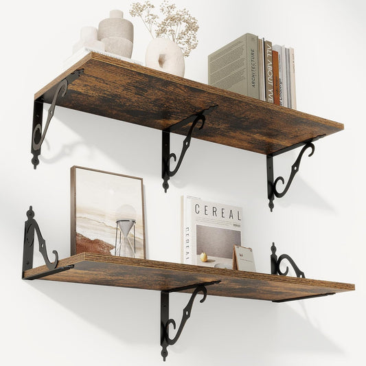 RICHFOCUS 12 Inch Deep Floating Shelves for Wall, 31.5" W x 12" D Wood Wall Shelves Set of 2, Wide Floating Shelves for Living Room, Bedroom, Kitchen, Bathroom and Storage, Rustic Brown