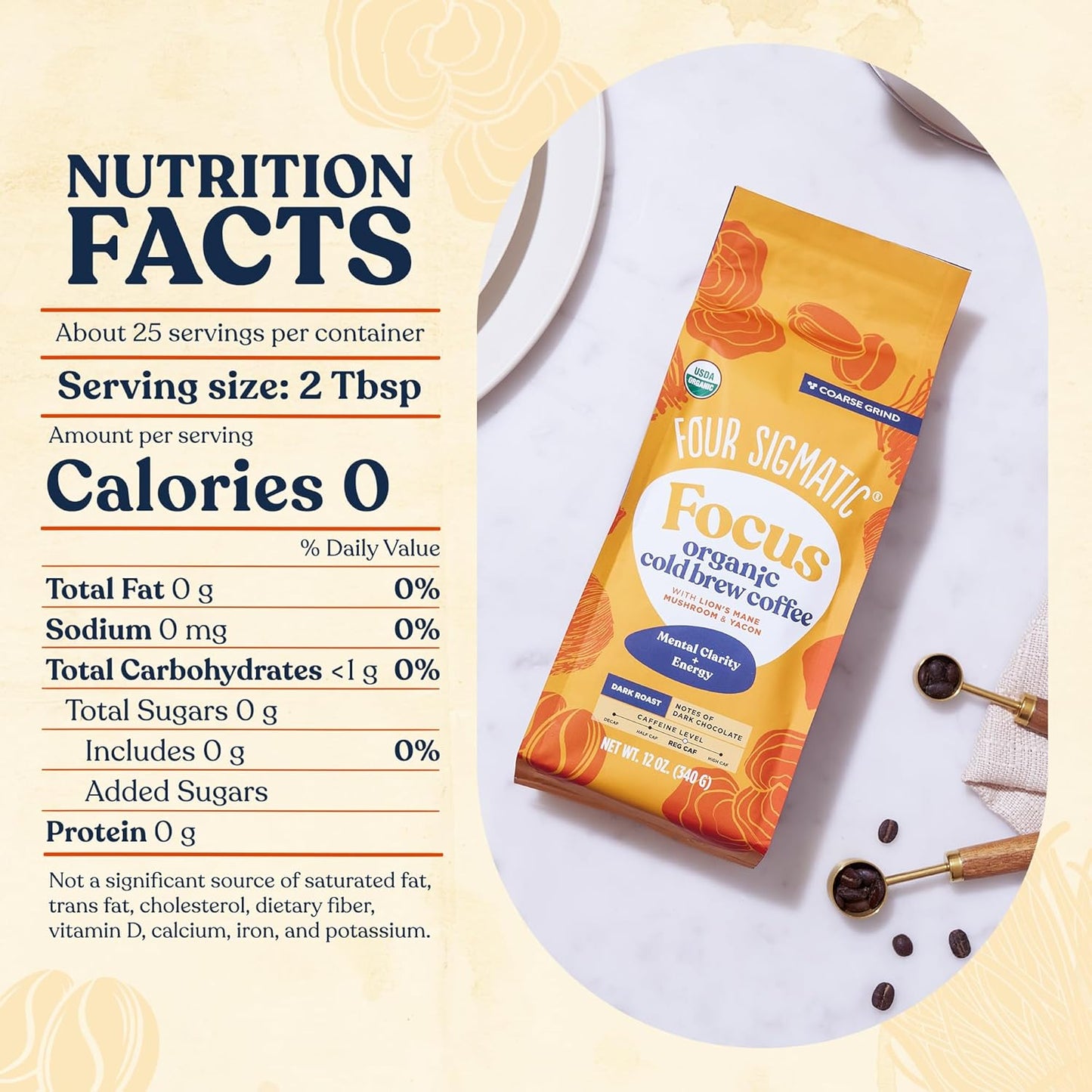 Four Sigmatic Organic Cold Brew Coffee Grounds | Dark Roast, Coarse Grounds with Lion's Mane and Chaga | Cold Brew Mushroom Coffee for Crash-Free Focus | 12 oz Bag