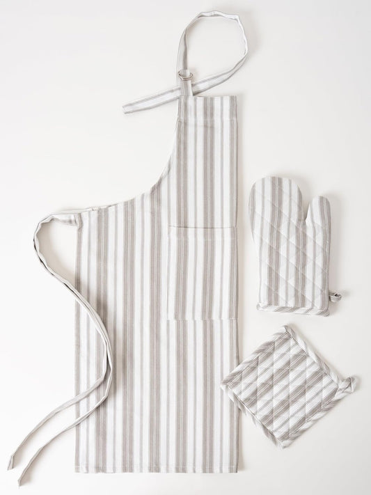 1 Oven Mitt, 1 PotHolder & 1 Kitchen Apron Set - Durable Heat Resistant Gloves - Thick Mittens for Kitchen - Suitable for Cooking, Baking, Grilling – Men & Women – Light Grey Stripes - Casa De Lan