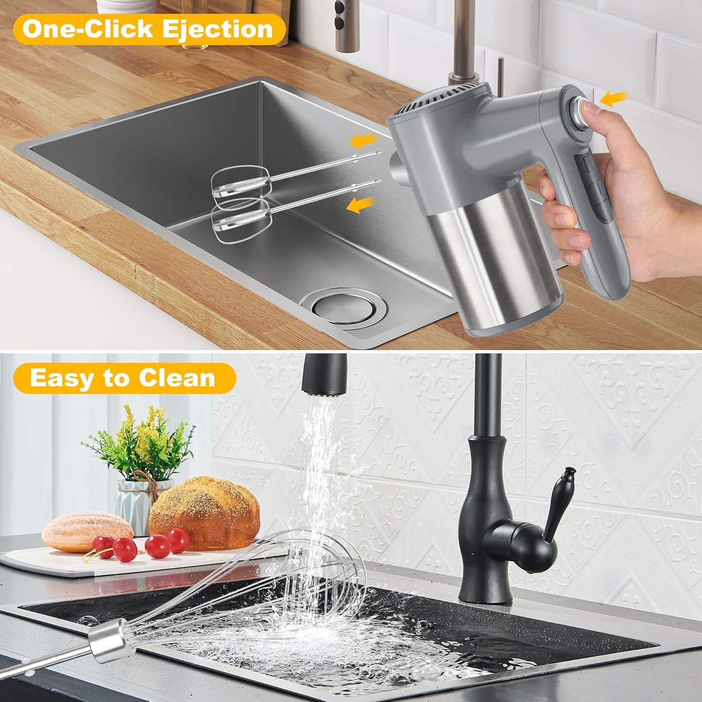 Cordless Hand Mixer, Electric Mixer Handheld Digital Display 7 Speed Rechargeable with 6 Stainless Steel Attachments Whisks Beaters Dough Hooks & Storage Base, Blender for Baking, Eggs, Silver