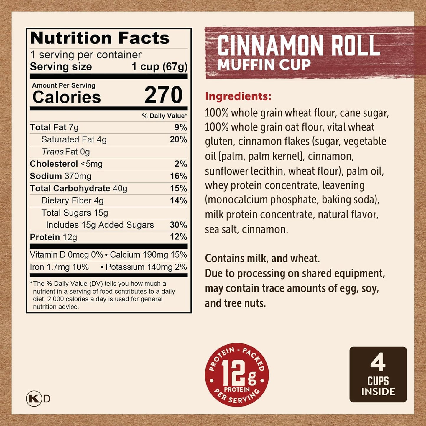 Kodiak Cakes Minute Muffin Cup Variety Pack - 100% Whole Grains, Double Dark Chocolate, Blueberry & Cinnamon Roll (Pack of 12)