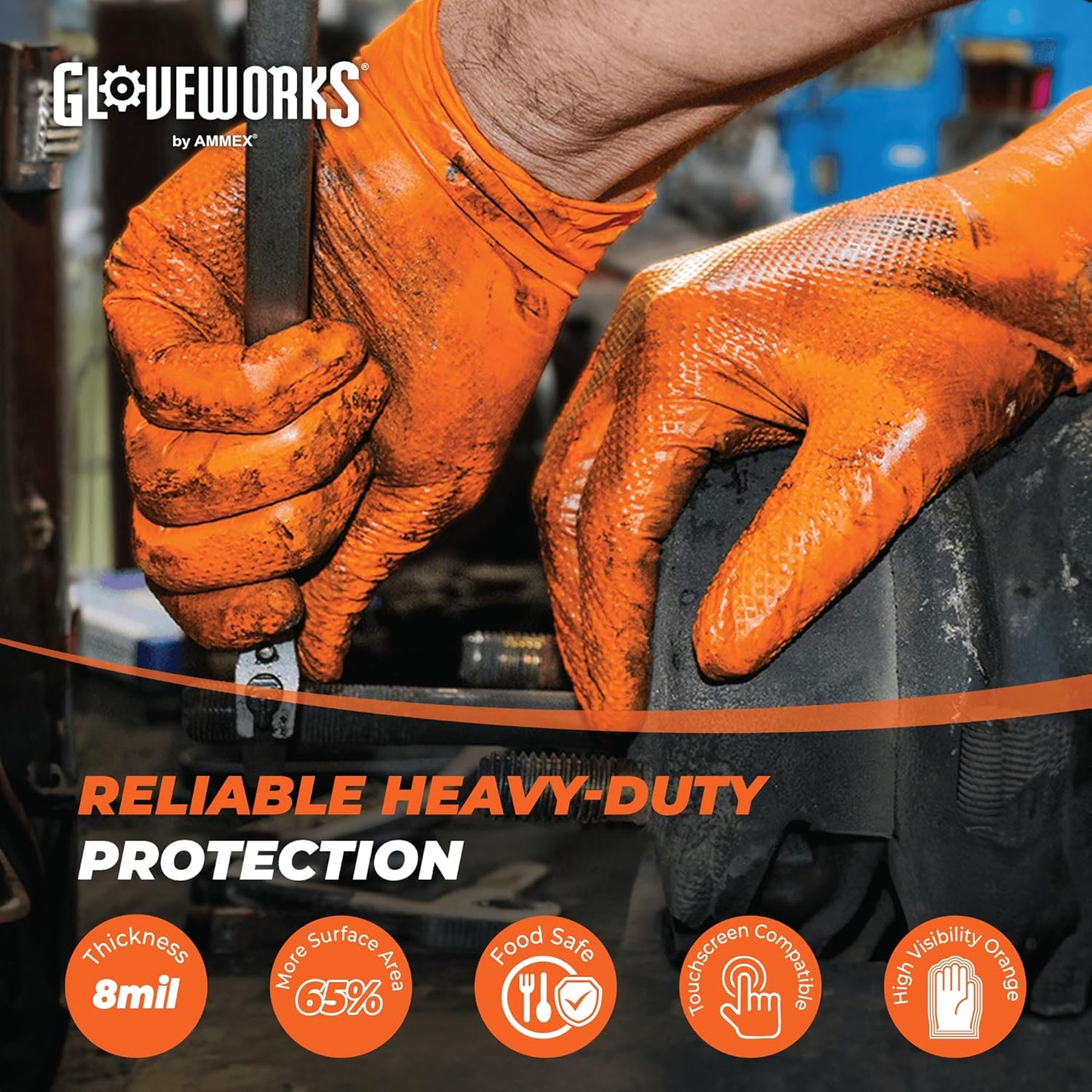 GLOVEWORKS Heavy-Duty Nitrile Gloves, Disposable, Latex Free, 8 Mil, Orange, Diamond Grip Glove