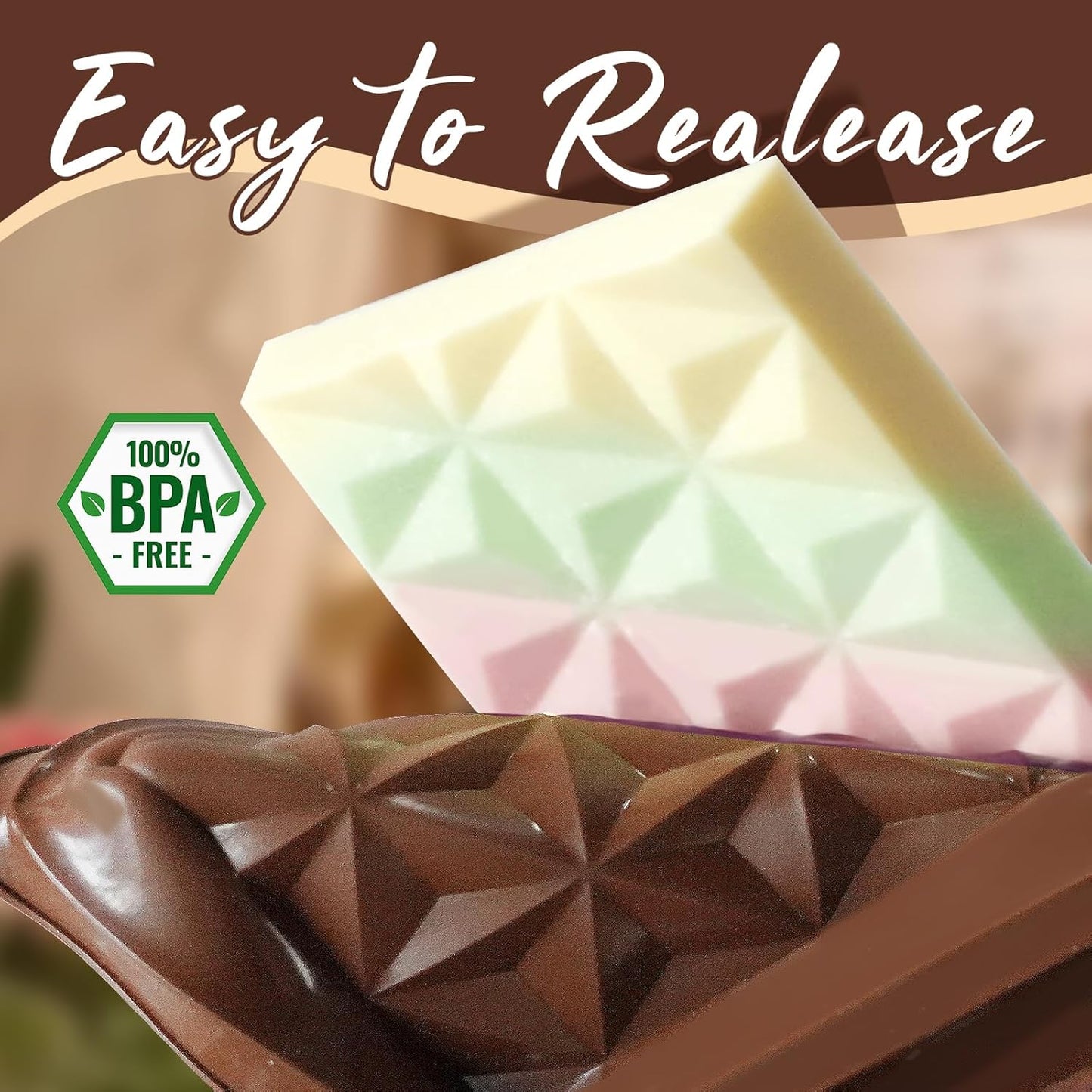 HKNMTT Chocolate Bar Mold Silicone, Large Stuffed Dubai Pistachio Deep Bar Moulds Kit 0.85 Inch Thick Big, Ideal for Homemade Making Candy Bar Bpa Free DIY Diamond Grid 2PCS