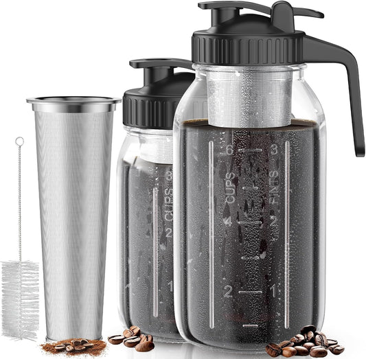 Cold Brew Coffee Maker Jar - 2 Pack 64 oz/32 oz Glass Cold Brew Maker with Handle, Stainless Steel Filter & Leak-Proof Lid, Heavy Duty Cold Brew Pitcher for Iced Coffee, Sun Tea, and Milk