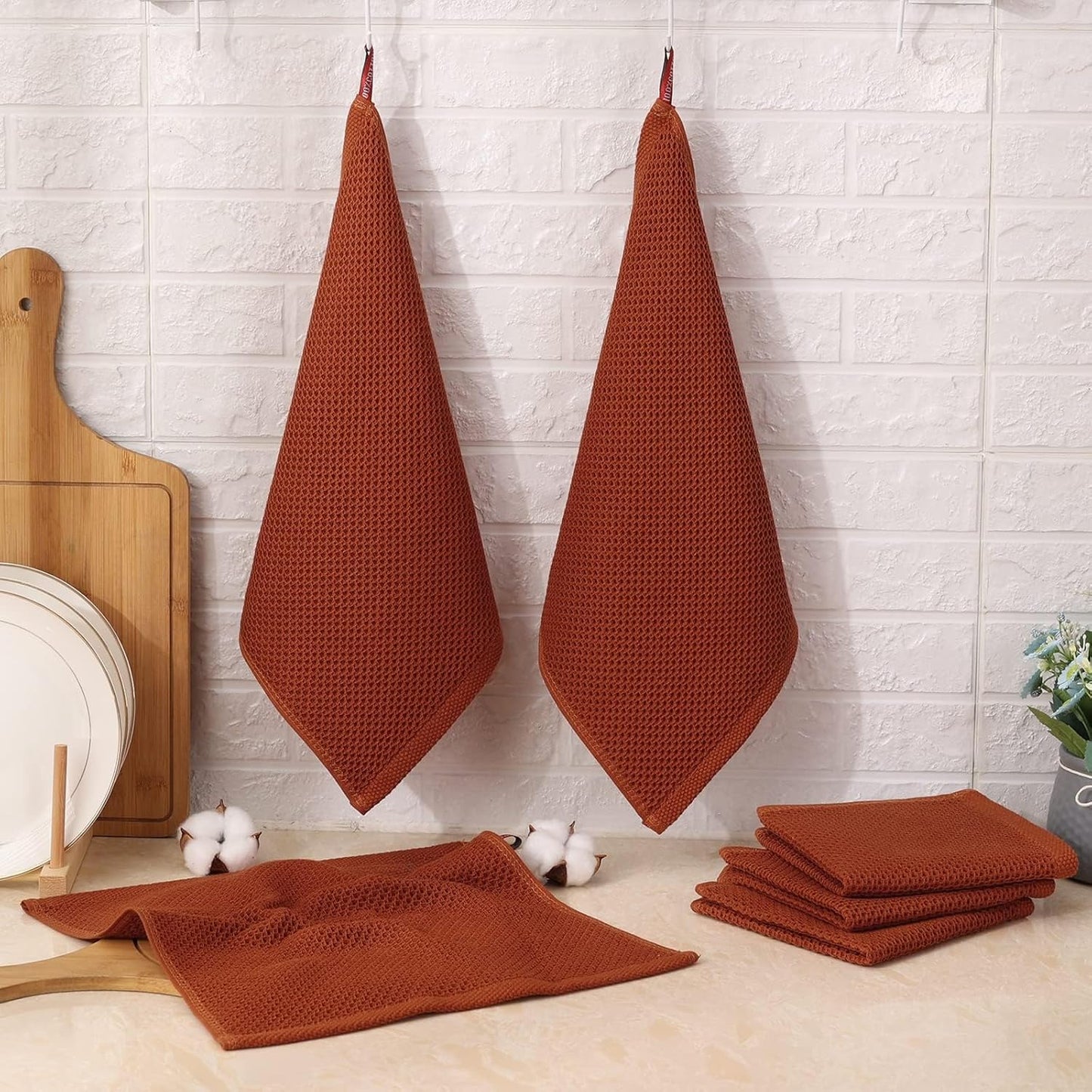 Kitinjoy 100% Cotton Kitchen Dish Cloths, 12 Pack Waffle Weave Ultra Soft Absorbent Dish Towels for Drying Dishes Quick Drying Kitchen Towels Dish Rags, 12 X 12Inch, Rust