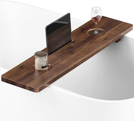 Tinamo 35”L Wooden Bathtub Tray, Bathtub Caddy Tray For Tub with Tablet Slot & Wine Holder - Acacia Bath Tray For Tub, Bath Table - Bathtub Tray Table with Adjustable Legs (Walnut color, 35"x 9"x2.5")