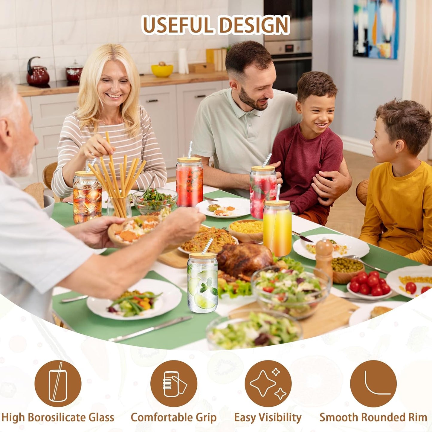 16 OZ Glass Cups with Lids and Straws, 20 Set Can Beer Glass Cups with Bamboo Lids Cute and Reusable Drinking Glasses with Lid Ice Coffee Glasses Great for Beer, Cocktail, Tea and Latte