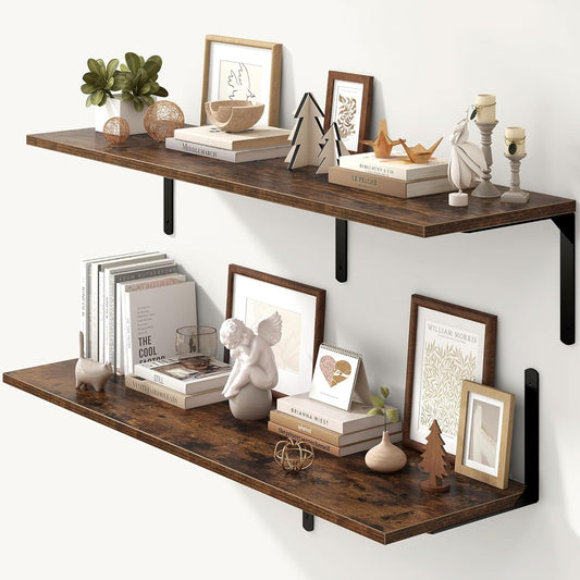Fun Memories Rustic Brown 12 Inch Deep Floating Shelves Set of 2, Wall Mounted Shelf with Metal Brackets, Rustic Wood Wall Shelf for Bathroom, Kitchen and Living Room