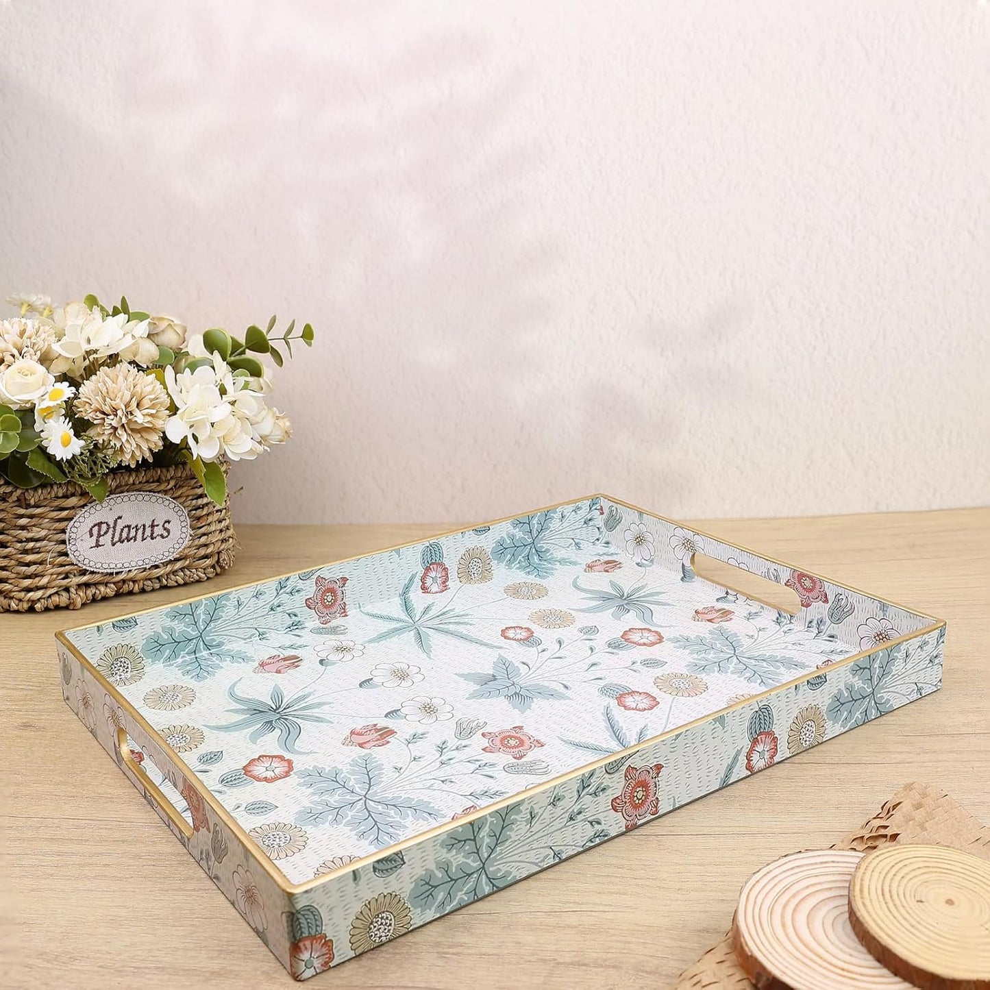 Rectangle Serving Tray with Handles, Coffee Table Tray for Ottoman, Living Room, Outdoor Tray for Patio Entertaining, Serving Breakfast Kitchen Platter, Daisy