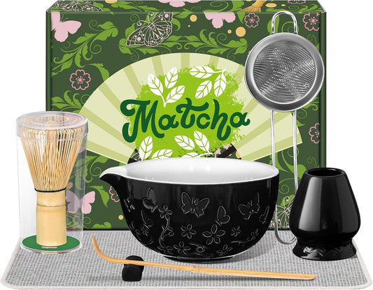 Matcha Whisk 7 PCS Matcha Whisk Set Ceramic Matcha Kit for Ceremony (Matcha Bowl, Bamboo Whisk and Holder), Matcha Tea Set for Making Breakfast/Latte Japanese Tea Tools for Ceremony Gift Black