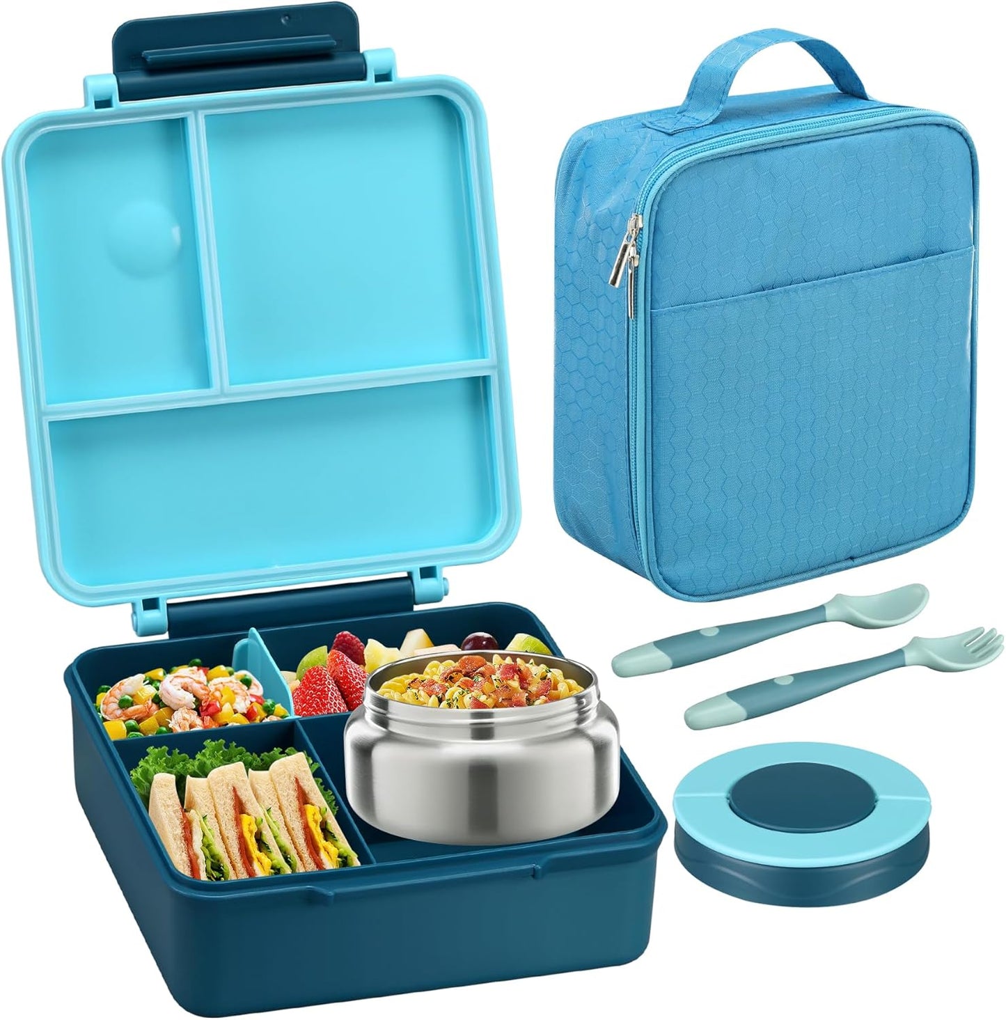 Bento Lunch Box for Kids with 8oz Soup Thermo&Lunch Bag, Leak-Proof Lunch Food Containers with 4 Compartment, Hot Food Insulated Food Jar for Kids School (Blue)