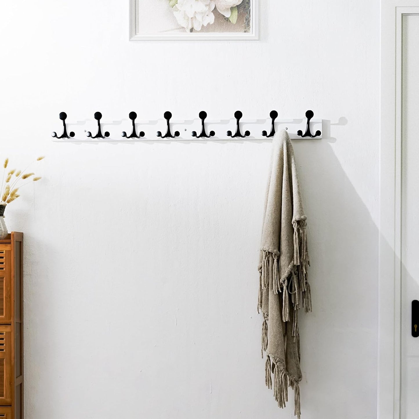 SKOLOO 43-Inch White Wood Coat Rack Wall Mount with 8 Triple Hooks - Ideal for Family Entrances, Classrooms, and Pet Supplies Storage - Perfect Coat Hooks for Wall, Pack of 2
