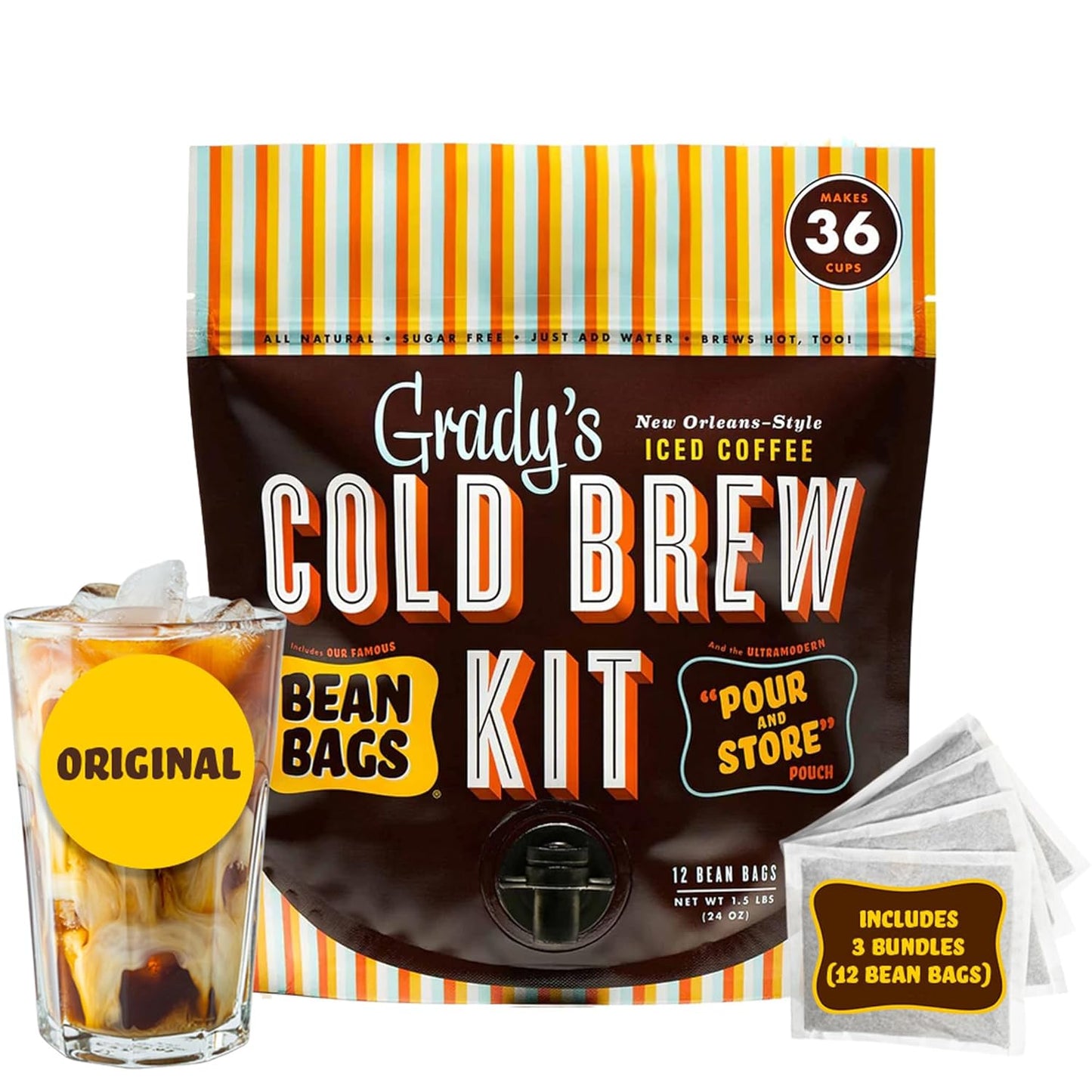 GRADY’S COLD BREW, New Orleans Style, 100% Arabica Ground Coffee & Chicory Pouches, All-in-One Cold Brew Kit with 12 Easy-to-Brew Beans Bags, Makes 36 drinks