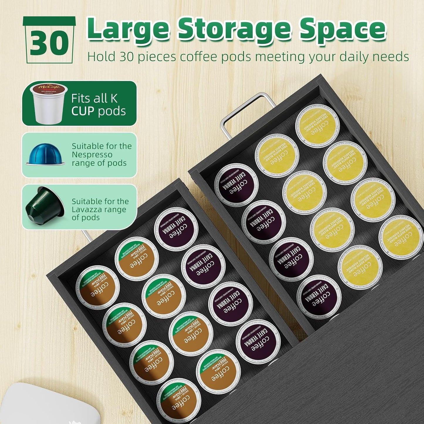 Simple Trending K Cup Organizer Coffee Pod Storage Box, Tea Organizer Holder and Drawer Storage Holds, 30 Pods Capacity, Black