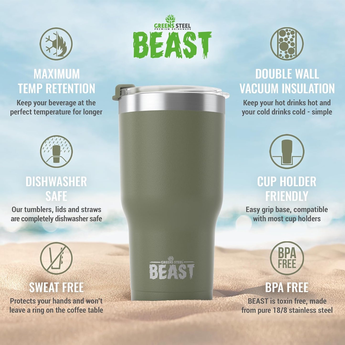 Beast 40 oz Tumbler Stainless Steel Vacuum Insulated Coffee Ice Cup Double Wall Travel Flask (Army Green)