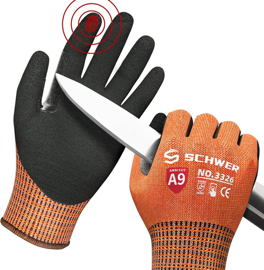 Schwer ProGuard Highest Level Cut Resistant Work Gloves PR3326 for Extreme Protection, ANSI A9 Cut Gloves with Reinforced Thumb, Non Slip, Breathable, Durable, Touch-screen, NON PFAS, Orange 1 Pair（M）