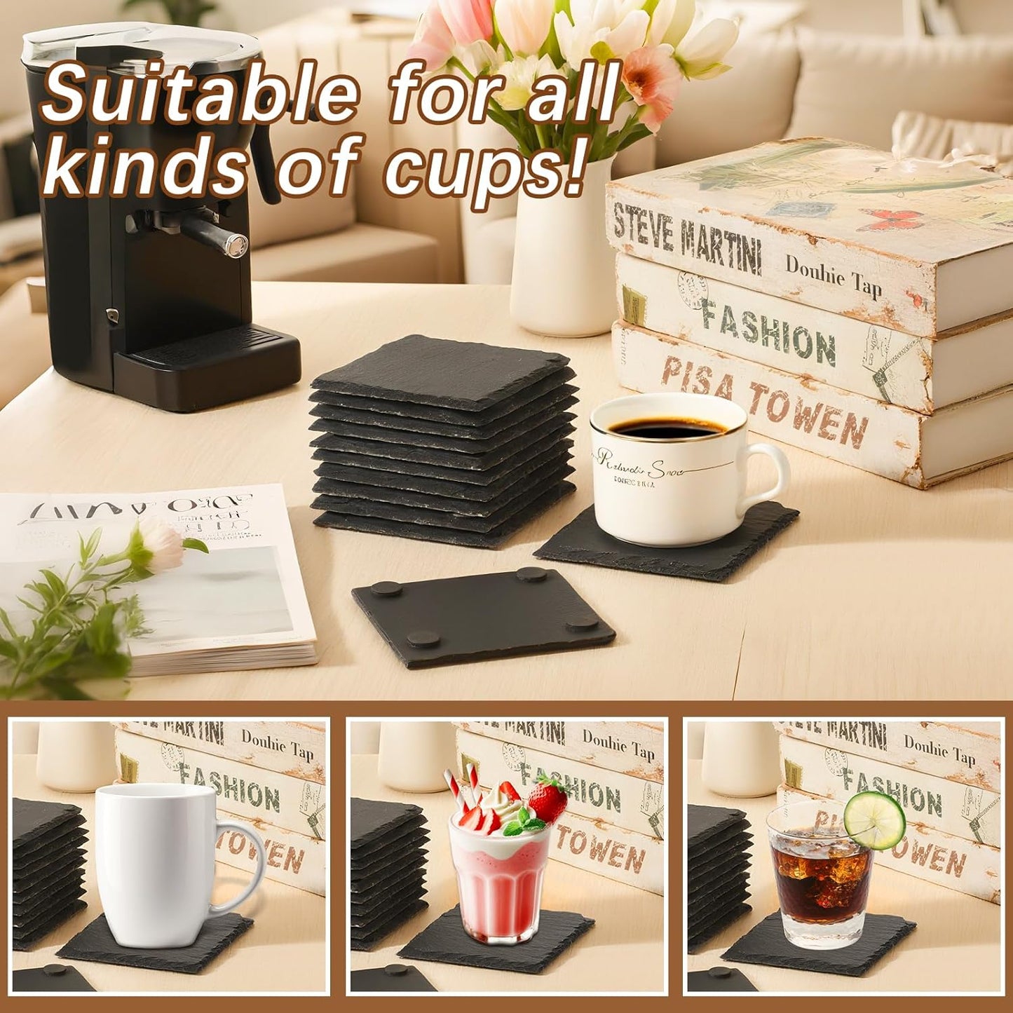 48 PCS Slate Coasters Black Square 4 Inch Bulk Rock, Blank Laser Engraving, Scratch Resistant Bottom, Home Office Kitchen Gift Wedding Bar Party (48 PCS Square Coasters)