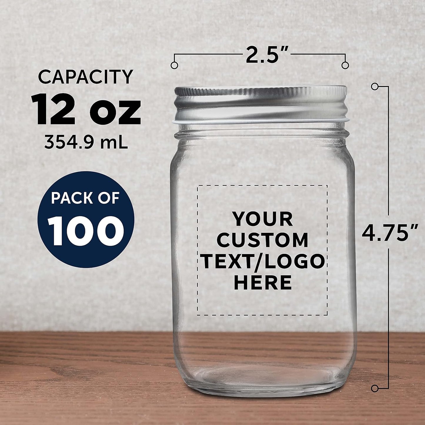 DISCOUNT PROMOS 100 Decorating Mason Jars Set, 12 oz. - Customizable Text, Logo - Canning, Aluminum Lid - Clear