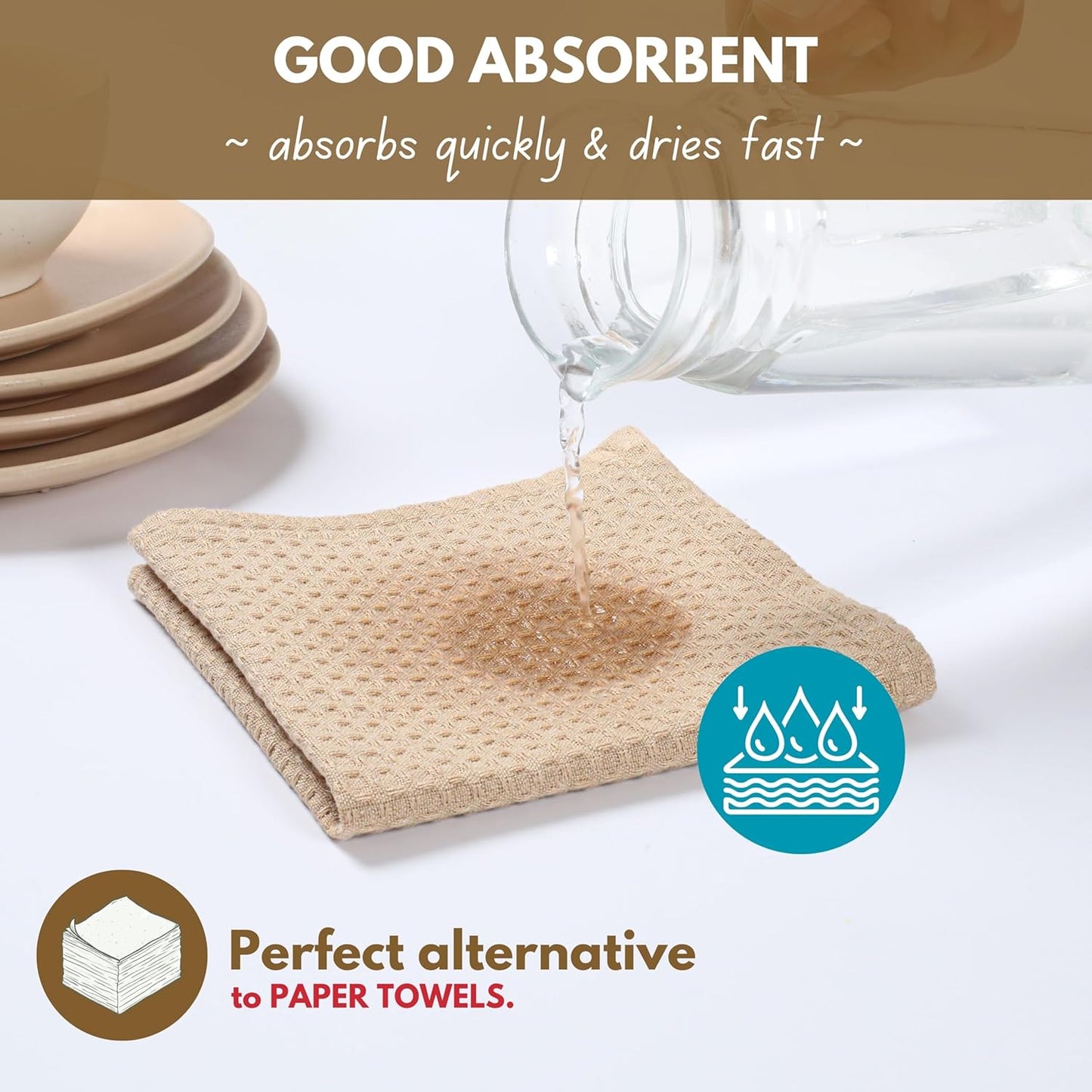 Native Fab 18 Pack Waffle Dish Cloths - 100% Cotton, 12" x 12", Absorbent, Quick Drying, Washable Towels for Cleaning, Cooking, Baking - Great for Home, Restaurants, Bars, Versatile Use - Beige