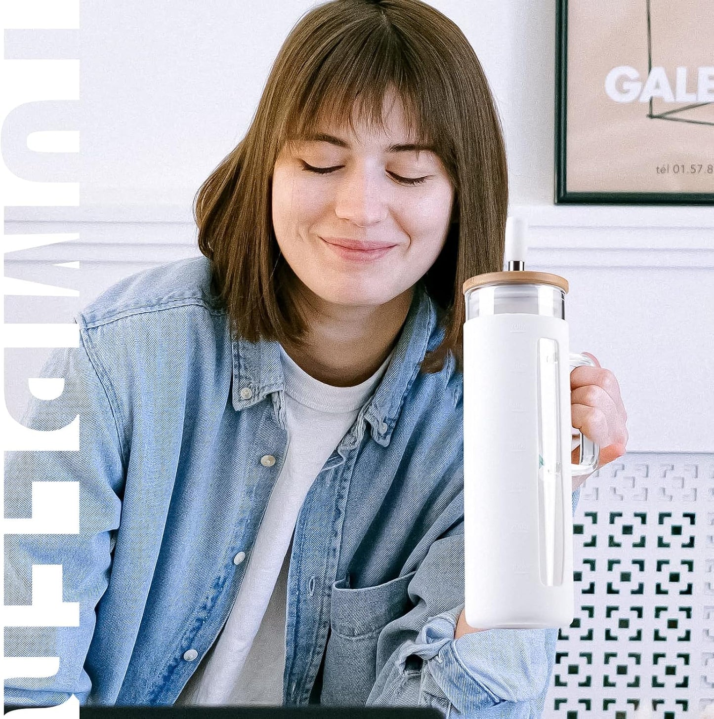 Kodrine Tumbler with Lid and Straw, 24 oz Glass Tumbler with Handle, Iced Coffee Cup Boba Smoothie Cup, Coffee Tumbler Water Tumbler Cups with Bamboo Lid Home Office Tumblers, White