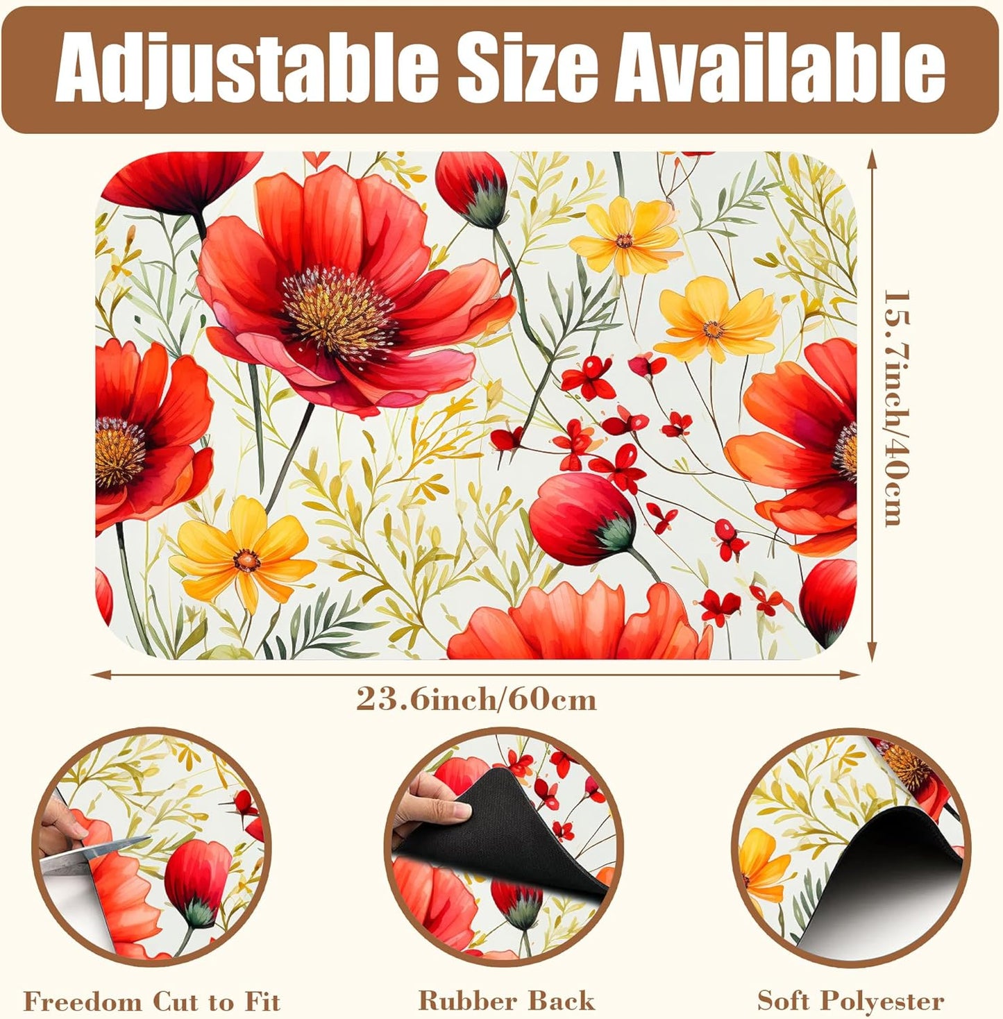 Red and Yellow Flowers Coffee Mat Absorbent Dish Drying Mat for Kitchen Counter Hide Stain Rubber Backed Coffee Bar Accessories Fit Under Espresso Machine Dish Drainer, 15.7 x 23.6 Inch