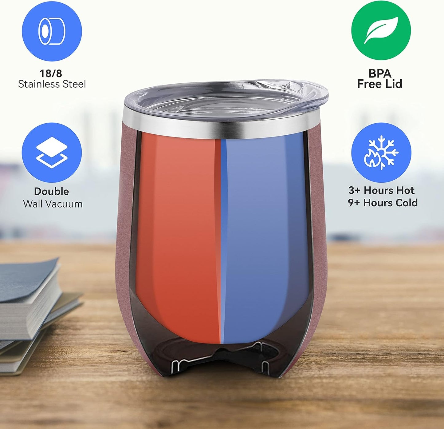 DOMICARE Stainless Steel Wine Tumbler Bulk with Lid, Personalized Rose Gold Insulated Tumblers Set, 12oz Travel Coffee Cups Pack of 1