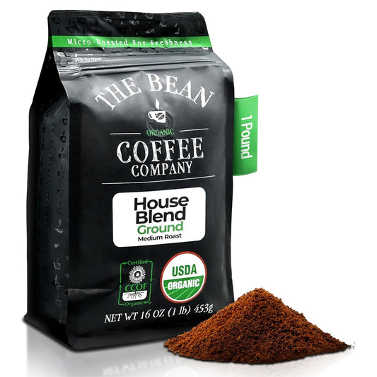 The Bean Organic Coffee Company House Blend, Medium Roast, Ground Coffee, 16-Ounce Bag, Café molido tostado orgánico