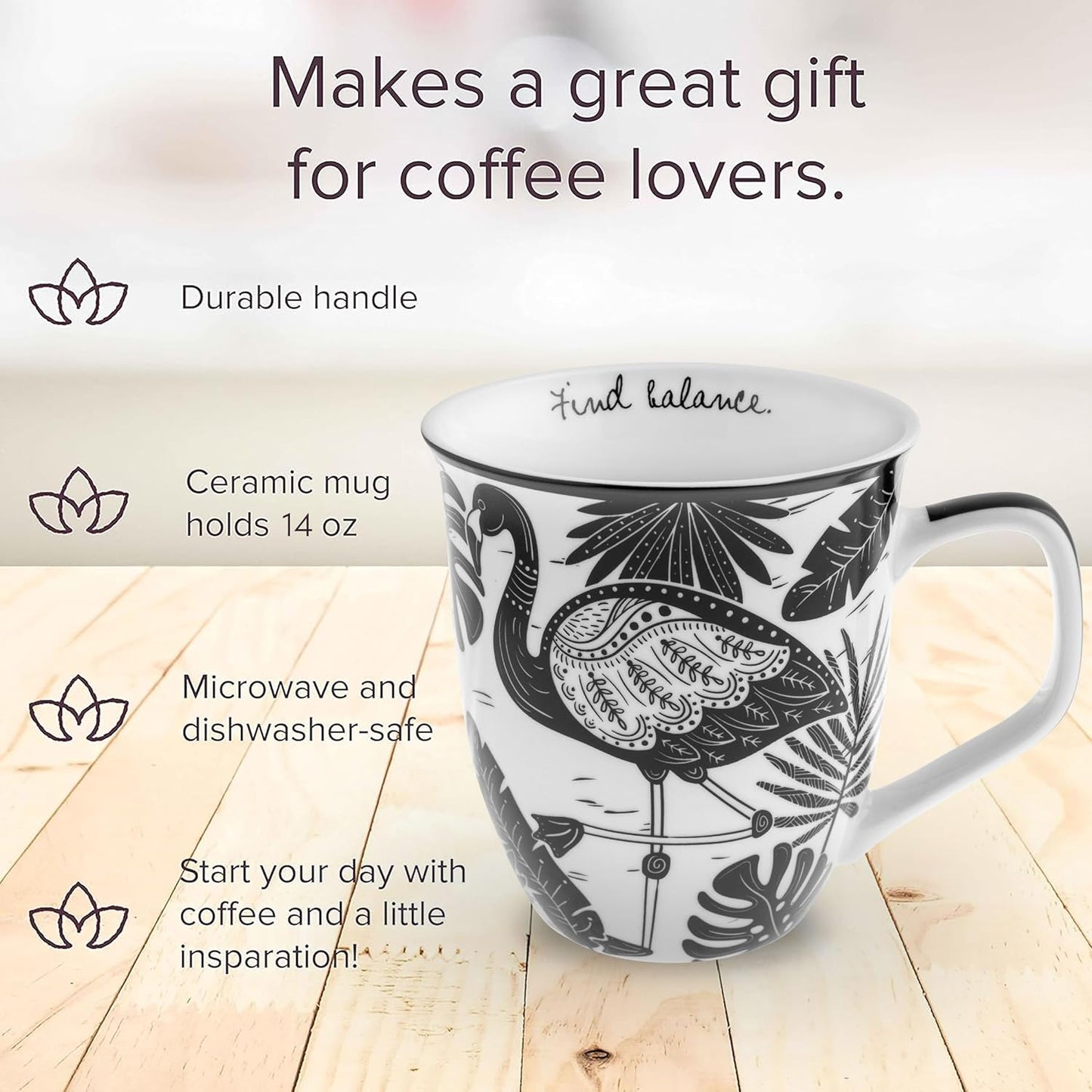 Karma Gifts 14 oz Black and White Boho Mug Flamingo - Cute Coffee and Tea Mug - Ceramic Coffee Mugs for Women and Men