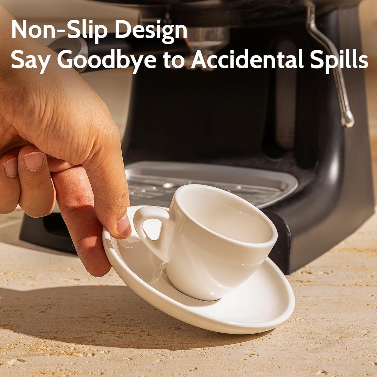 Sweese 4oz Porcelain Espresso Cups with Saucers, Set of 6 - Ideal for Espresso, Cappuccino, Latte, Tea - White